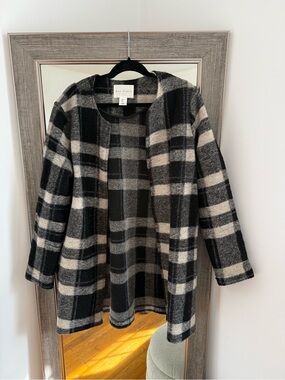 Max Studio Black & Cream Plaid Open-Front Sweater Coat Wool Blend
